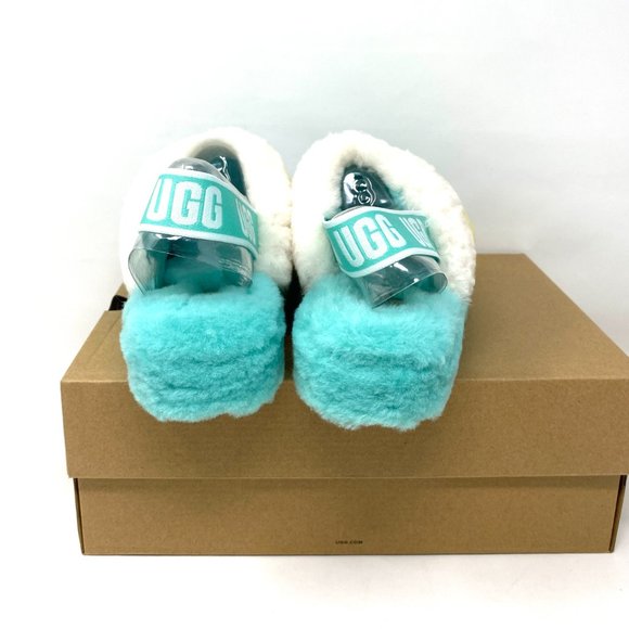UGG FLUFF YEAH Women Size 8 1097169 TPMLT Green Fur Sheep Slides Slipper Sandal - Picture 2 of 10